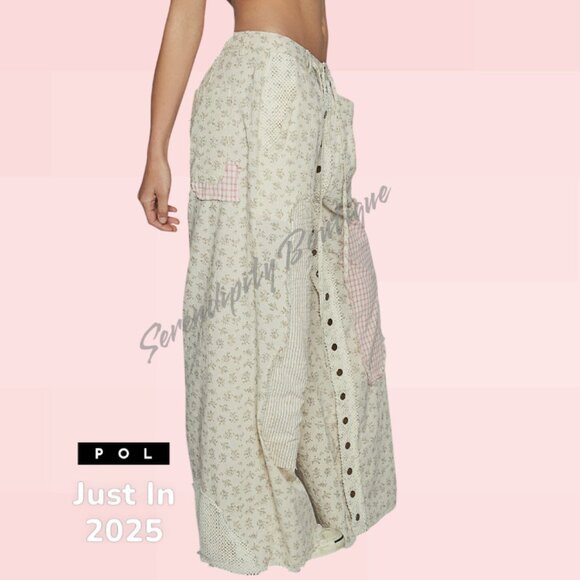 POL Pants - POL Just Released Wide Leg Baggy Button Detail Floral Patchwork Cream Pants